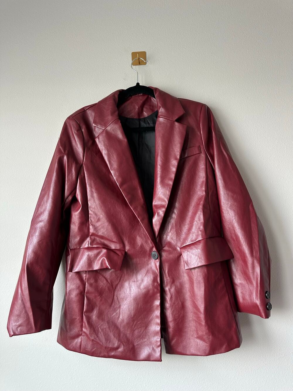 Burgundy Faux Leather Blazer Oversized Boyfriend Jacket 90s Minimalist Moto M